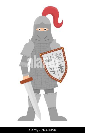 Chevalier de conte de fées. Guerrier blindé fantasy isolé sur fond blanc. Soldat de conte de fées en casque avec épée, bouclier, courrier en chaîne. Icône de dessin animé avec Illustration de Vecteur