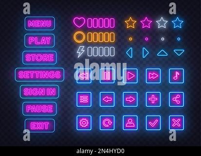 Icônes du menu et de l'interface Neon sur fond transparent. Jeu ui Neon. Illustration de Vecteur