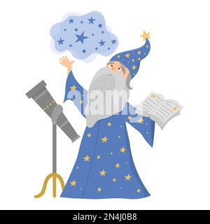 Un vecteur de conte de fées avec un télescope tenant un livre de sorts. Fantastique assistant dans un grand chapeau isolé sur fond blanc. Astrologue de conte de fées en bleu Illustration de Vecteur