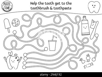 Labyrinthe de soins dentaires noir et blanc pour les enfants. Programme d'activités médicales préscolaires. Jeu de puzzle drôle ou page de coloriage. Aider les dents malades à atteindre la dent Illustration de Vecteur