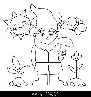 Vector mignon gnome noir et blanc de jardin. Contour nain drôle avec champignon, soleil, plantes de bébé. Icône de la ligne de sculpture de leprechun de jardinage traditionnel Illustration de Vecteur