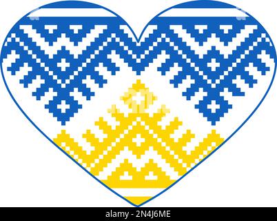 Drapeau ukrainien - forme de coeur avec Vyshyvanka folk art vector sans couture motif, conception traditionnelle incarnant. Banque D'Images