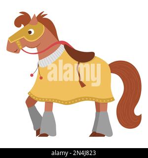 Cheval chevalier de conte de fées avec couverture et selle. Animal guerrier blindé fantaisie isolé sur fond blanc. Icône de dessin animé de conte de fées avec cha médiéval Illustration de Vecteur