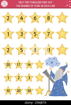 Aidez l'étoile à trouver le nombre d'étoiles. Continuez le jeu de rangée avec des chiffres et un joli personnage de conte de fées. Magic kingdom activité mathématique logique Illustration de Vecteur