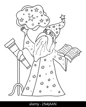 Conte de fées vecteur noir et blanc avec télescope tenant livre de sort. Fantasy Line Wizard en grand chapeau. Page de coloriage astrologue de conte de fées. C Illustration de Vecteur