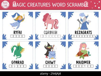 Page d'activité Scramble de mot de conte de fées vectoriel. Jeu de langue anglaise avec dragon, sirène, licorne pour enfants. Quiz de vacances en famille sur les créatures fantasy. SIM Illustration de Vecteur