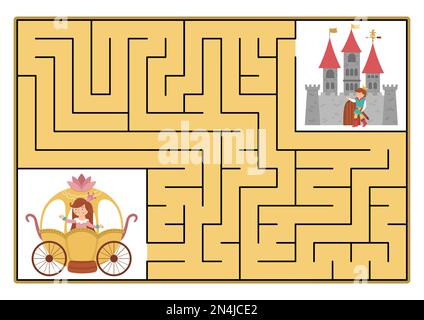 Labyrinthe de contes de fées pour les enfants avec des personnages de fantaisie. Activité imprimable préscolaire Magic kingdom avec calèche et château. Labyrinthe géométrique de conte de fées g Illustration de Vecteur