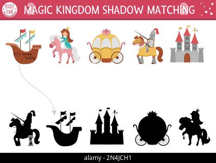 Activité d'ombre de conte de fées avec château, princesse, chevalier. Puzzle Magic kingdom avec symboles et caractères traditionnels. Trouver le silhouett correct Illustration de Vecteur