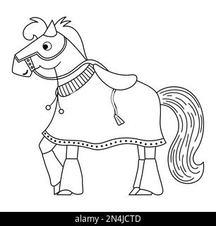 Cheval chevalier noir et blanc de conte de fées avec couverture et selle. Animal guerrier blindé ligne fantaisie. Icône de dessin animé de conte de fées avec caractère médiéval o Illustration de Vecteur