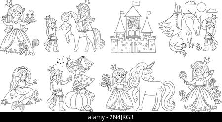 Ensemble de princesse vecteur noir et blanc de conte de fées. Collection FANTASY Line pour fille. Page de coloriage de la femme de chambre de conte de fées médiévale. Pack d'icônes magiques de dessin animé Girlish Illustration de Vecteur