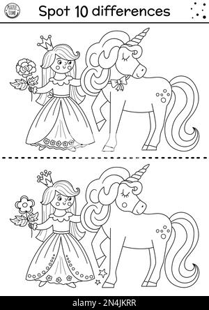 Noir et blanc trouver jeu de différences pour les enfants. Activité éducative de conte de fées avec une jolie princesse, rose et licorne. Puzzle Magic kingdom pour enfants Illustration de Vecteur