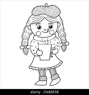 Vecteur noir et blanc Happy Girl avec de longs cheveux dans des plaits tenant une tasse avec boisson chaude. Illustration ou page de coloriage pour enfant d'hiver mignon. Contour drôle Illustration de Vecteur