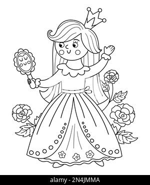 Princesse vecteur noir et blanc de conte de fées avec miroir et roses. Fille de ligne de fantaisie dans la couronne. Page de coloriage de la femme de chambre de conte de fées médiévale. Bande dessinée Girlish m Illustration de Vecteur