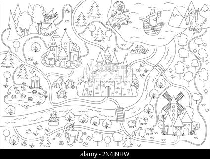 Carte du royaume noir et blanc de conte de fées. Arrière-plan de la ligne du village médiéval. Vecteur château de conte de fées éléments graphiques avec mer, montagnes, forêt, SH Illustration de Vecteur