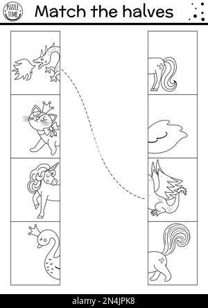 Le conte de fées noir et blanc relie la feuille de travail des moitiés. Jeu assorti pour enfants d'âge préscolaire avec créatures fantaisie. Match têtes et queues activité o Illustration de Vecteur