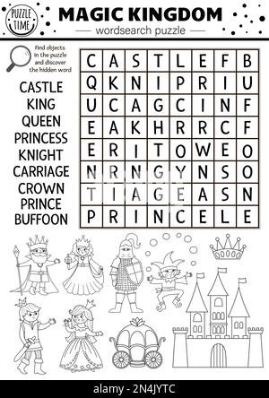 Scénario conte de fées noir et blanc wordsearch puzzle pour les enfants. Mot-croix ou page de coloriage du royaume magique avec créatures de fantaisie. Activité avec chevalier, env Illustration de Vecteur