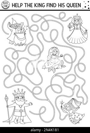 Labyrinthe de contes de fées noir et blanc pour les enfants avec des personnages de fantaisie. Magic kingdom ligne d'activité prématernelle imprimable avec sorcière, fée, sirène. Fée Illustration de Vecteur