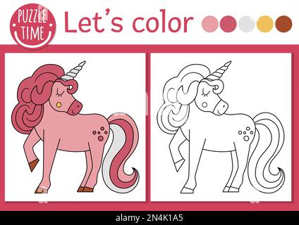Page de coloriage Magic kingdom pour les enfants avec unicorn. Illustration vectorielle de conte de fées avec créature fantaisie mignonne. Livre couleur pour enfants avec colo Illustration de Vecteur