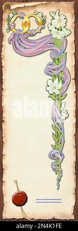 Marrage, diplôme d'engagement ou certificat sur un vieux rouleau de papier, décodé avec deux anneaux dorés, rubans violets, fleurs et joint de cire, avec espace pour le texte Banque D'Images