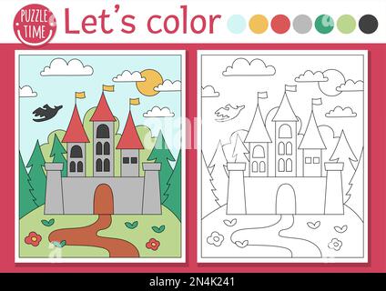 Page de coloriage Magic kingdom pour les enfants avec château et paysage forestier. Illustration vectorielle de conte de fées. Livre couleur pour enfants avec exa coloré Illustration de Vecteur