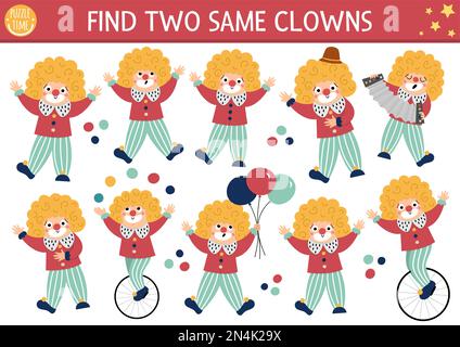 Trouver deux clowns identiques. Activités de cirque pour les enfants. Fiche de quiz pédagogique de spectacle d'amusement pour les enfants pour les compétences d'attention. Divertissement simple Illustration de Vecteur