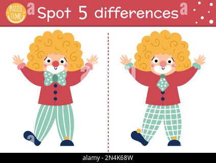 Cirque trouver des jeux de différences pour les enfants. Activité éducative avec un clown mignon. Puzzle de spectacle d'amusement pour les enfants avec artiste drôle. Divertissement festi Illustration de Vecteur