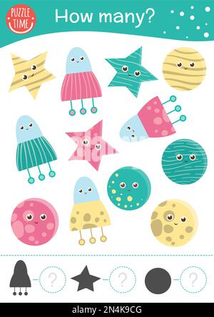 Jeu de comptage d'espace avec OVNI, planètes, étoiles. Activité mathématique pour les enfants d'âge préscolaire. Nombre d'objets de la feuille de calcul. Reconnaissance pédagogique de forme d'astronomie Illustration de Vecteur