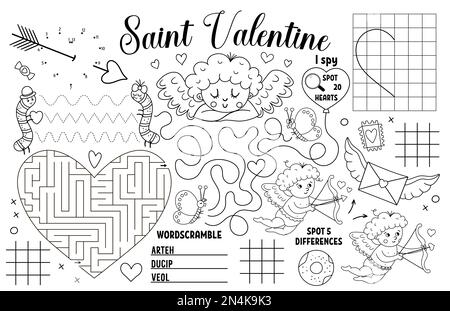 Napperon Vector Saint Valentin pour enfants. J'adore les vacances imprimable tapis d'activité avec labyrinthe, titic tac toe charts, connecter les points, trouver la différence. Noir Illustration de Vecteur