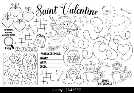 Napperon Vector Saint Valentin pour enfants. J'adore les vacances imprimable tapis d'activité avec labyrinthe, titic tac toe charts, connecter les points, trouver la différence. Noir Illustration de Vecteur