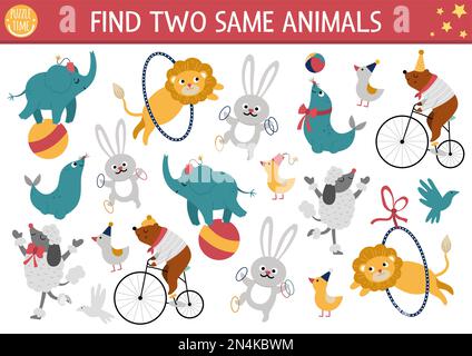 Trouvez deux animaux de cirque identiques. Activité correspondante pour les enfants. Fiche de quiz pédagogique de spectacle d'amusement pour les enfants pour les compétences d'attention. Entertai simple Illustration de Vecteur