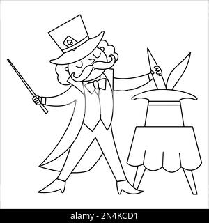 Icône de ligne magicienne vectorielle. Artiste de cirque contour clipart. Amusement vacances homme noir et blanc montrant le tour avec le lapin. Juggler drôle de festival mignon Illustration de Vecteur