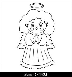 Ange noir et blanc vectoriel avec cheveux bouclés et halo. Jolie ligne d'illustration ou de coloriage de saint d'hiver. Icône de contour drôle pour Christma Illustration de Vecteur