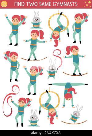 Trouvez deux gymnastes identiques. Activités de cirque pour les enfants. Fiche de quiz pédagogique de spectacle d'amusement pour les enfants pour les compétences d'attention. Enterta simple Illustration de Vecteur