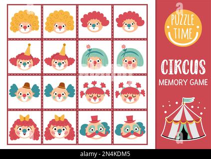 Cartes de jeu de mémoire de cirque vectoriel avec visages clown mignons. Activité d'appariement de spectacles de divertissement. Rappelez-vous et trouvez la carte correcte. Simple festival imprimable wor Illustration de Vecteur