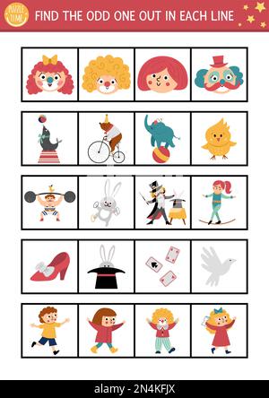 Trouvez l'étrange. Activité logique de cirque pour les enfants. Fiche de quiz pédagogique de spectacle d'amusement pour les enfants pour les compétences d'attention. Simple à imprimer Illustration de Vecteur