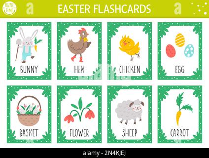 Jeu de cartes flash vectorielles Pâques. Jeu de langue anglaise avec mignon lapin, poule, poulet, oeufs de Pâques pour les enfants. Cartes de printemps avec charact drôle Illustration de Vecteur