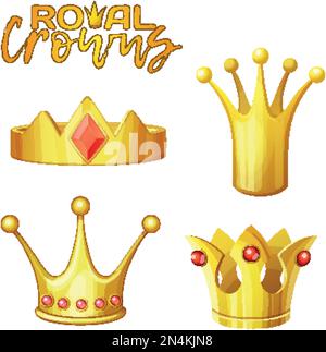 Ensemble de couronnes royales dorées dans un style de dessin animé, pour roi et reine. Icônes vectorielles CROWN isolées sur fond blanc Illustration de Vecteur