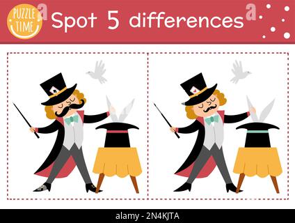 Cirque trouver des jeux de différences pour les enfants. Activité éducative avec magicien montrant tour avec chapeau et lapin. Puzzle de spectacle d'amusement pour les enfants avec f Illustration de Vecteur