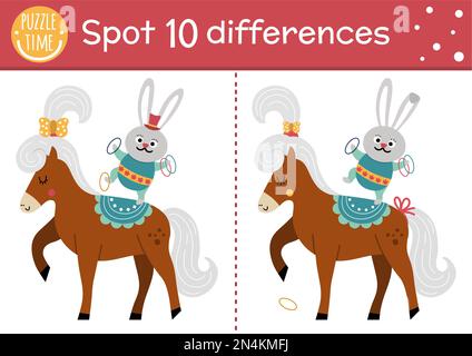 Cirque trouver des jeux de différences pour les enfants. Activité éducative avec le lapin de gymnaste sur le cheval. Puzzle de spectacle d'amusement pour les enfants avec l'artiste drôle de lapin. Illustration de Vecteur