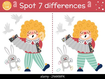 Cirque trouver des jeux de différences pour les enfants. Activité éducative avec le clown jouant l'harmonica. Puzzle de spectacle d'amusement pour les enfants avec artiste drôle. Festiv Illustration de Vecteur