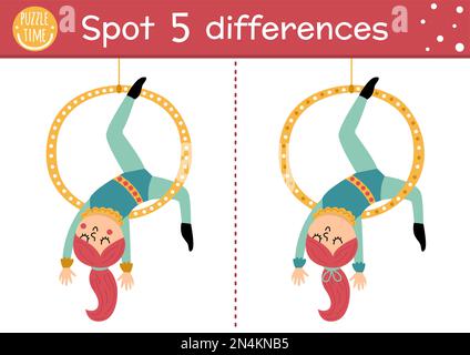 Cirque trouver des jeux de différences pour les enfants. Activité éducative avec la fillette de gymnaste sur le cerceau. Puzzle de spectacle d'amusement pour les enfants avec artiste drôle. Festival Illustration de Vecteur