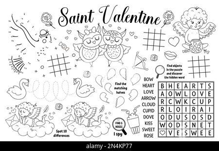 Napperon Vector Saint Valentin pour enfants. J'adore les vacances imprimable tapis d'activité avec labyrinthe, titic tac toe charts, connecter les points, trouver la différence. Noir Illustration de Vecteur