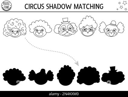 L'ombre noire et blanche du cirque s'assortir à de jolis visages clown. Puzzle de la ligne d'exposition de divertissement. Trouvez la feuille de calcul ou le jeu imprimable de silhouette correct Illustration de Vecteur
