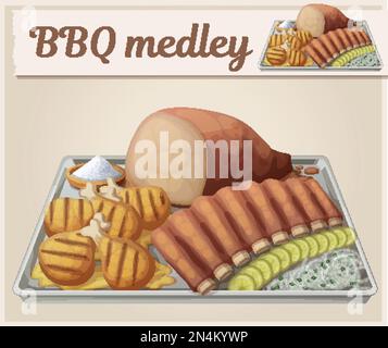 Icône Texas BBQ Medley. Illustration vectorielle de la viande grillée sur un plateau en étain avec des oignons blancs et des gerkins. Série de nourriture et de boissons et Illustration de Vecteur