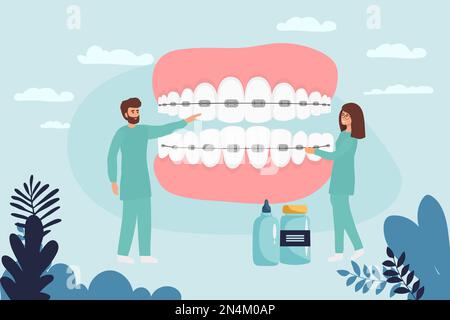 L'orthodontiste installe des appareils dentaires pour le redressement. Petit dentiste médecin recherche X-ray image de dent. Dentisterie, installation de bretelles, alg de dents Illustration de Vecteur