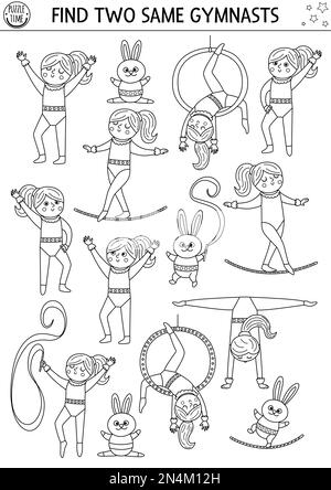 Trouvez deux gymnastes identiques. Spectacle de cirque noir et blanc assorti pour les enfants. Fiche de jeu-questionnaire de la ligne éducative du spectacle d'amusement pour les enfants. Simple printab Illustration de Vecteur
