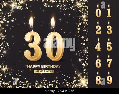 Carte de vœux d'anniversaire à motif vectoriel, bannière avec 3D bougies d'anniversaire dorées, chiffres, flamme. Ensemble d'icônes de bougie. Conception Illustration de Vecteur