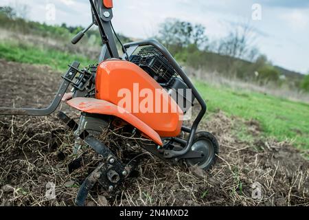 Cultivateur dans un champ non cultivé au printemps. Terre vierge avec herbe et mauvaises herbes dans le jardin avant de labourer avec un cultivateur. Banque D'Images