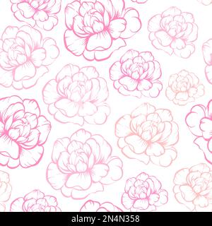 Motif vectoriel sans couture, contour tracé à la main fleurs de pivoine sur fond blanc. Illustration de Vecteur