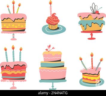 Illustration vectorielle de gâteaux colorés, cupcakes pour une fête. Gâteaux et tartes pour l'anniversaire. Spécialités maison, produits de boulangerie. Isolé sur fond blanc. Illustration de Vecteur